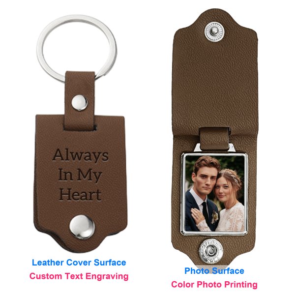 Queenberry Personalize Color Photo Printing Custom Laser Engraving Text Stainless Steel Leather Pendant Keychain Keyrings- Brown
