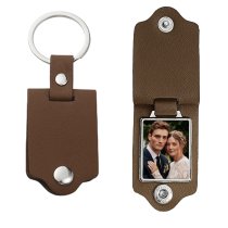 Queenberry Personalize Color Photo Printing Custom Picture Stainless Steel Leather Pendant Keychain Keyrings- Brown