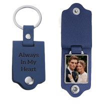Queenberry Personalize Color Photo Printing Custom Laser Engraving Text Stainless Steel Leather Pendant Keychain Keyrings- Blue