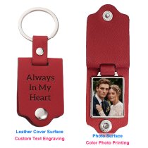 Queenberry Personalize Color Photo Printing Custom Laser Engraving Text Stainless Steel Leather Pendant Keychain Keyrings- Red