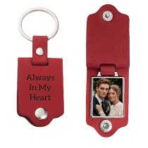 Queenberry Personalize Color Photo Printing Custom Laser Engraving Text Stainless Steel Leather Pendant Keychain Keyrings- Red