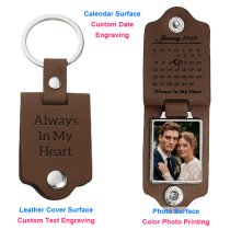 Queenberry Personalize Color Photo Printing Custom Date Calendar Laser Engraving Text Stainless Steel Leather Pendant Keychain Keyrings- Brown