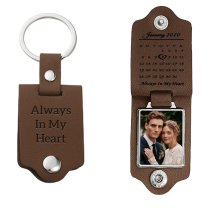 Queenberry Personalize Color Photo Printing Custom Date Calendar Laser Engraving Text Stainless Steel Leather Pendant Keychain Keyrings- Brown