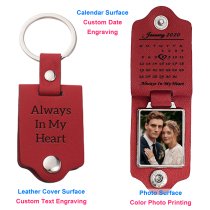 Queenberry Personalize Color Photo Printing Custom Date Calendar Laser Engraving Text Stainless Steel Leather Pendant Keychain Keyrings- Red