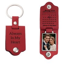 Queenberry Personalize Color Photo Printing Custom Date Calendar Laser Engraving Text Stainless Steel Leather Pendant Keychain Keyrings- Red