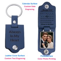Queenberry Personalize Color Photo Printing Custom Date Calendar Laser Engraving Text Stainless Steel Leather Pendant Keychain Keyrings- Blue