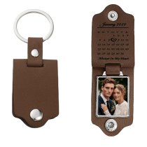 Queenberry Personalize Color Photo Printing Custom Date Calendar Laser Engraving Text Stainless Steel Leather Pendant Keychain Keyrings- Brown