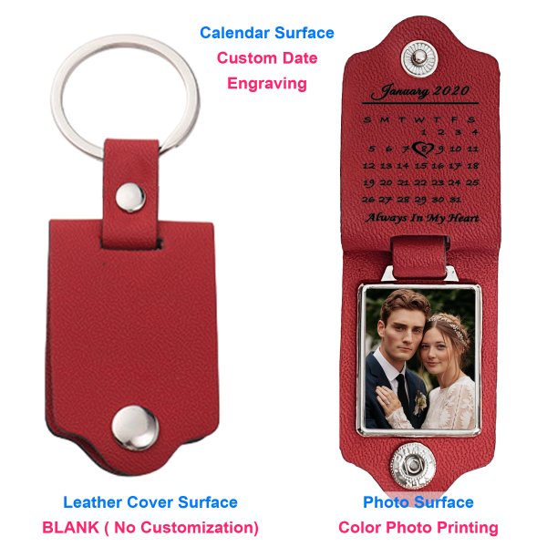 Queenberry Personalize Color Photo Printing Custom Date Calendar Laser Engraving Text Stainless Steel Leather Pendant Keychain Keyrings- Red