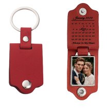 Queenberry Personalize Color Photo Printing Custom Date Calendar Laser Engraving Text Stainless Steel Leather Pendant Keychain Keyrings- Red