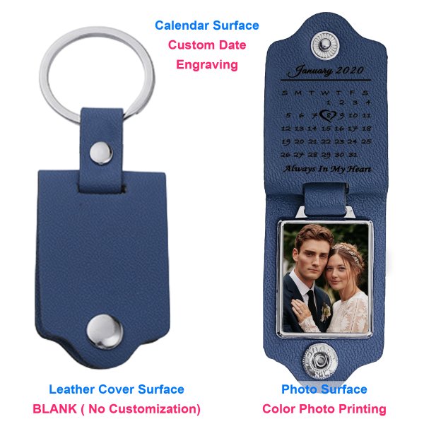 Queenberry Personalize Color Photo Printing Custom Date Calendar Laser Engraving Text Stainless Steel Leather Pendant Keychain Keyrings- Blue