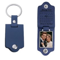 Queenberry Personalize Color Photo Printing Custom Date Calendar Laser Engraving Text Stainless Steel Leather Pendant Keychain Keyrings- Blue