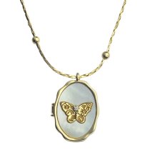Vintage Mother of Pearl Butterfly Photo Locket Pendant Necklace Hold Picture DIY Gift for Family Women Mom Anniversary Birthday- 18k Gold