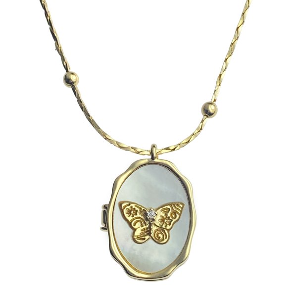 Vintage Mother of Pearl Butterfly Photo Locket Pendant Necklace Hold Picture DIY Gift for Family Women Mom Anniversary Birthday- 18k Gold