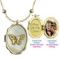 Personalized Text Laser Engraving Uv Color Photo Mother of Pearl Butterfly Locket Pendant Necklace Hold Picture DIY Gift for Family Women Mom Anniversary- 18k Gold