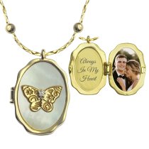 Personalized Text Laser Engraving Uv Color Photo Mother of Pearl Butterfly Locket Pendant Necklace Hold Picture DIY Gift for Family Women Mom Anniversary- 18k Gold