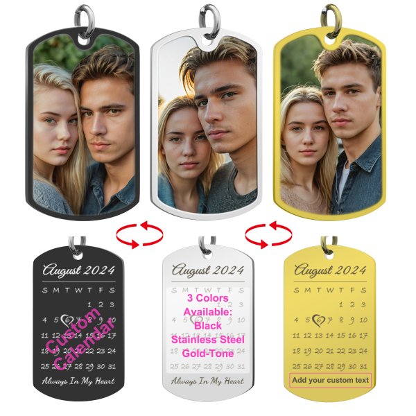 Full Color Uv Coated Photo Printing + Laser Engraved Personalized Custom Calendar Date Memorial Stainless Steel Dog Tag Keychain