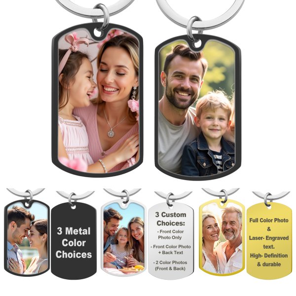Full Color Photo Printing + Laser Engraved Personalized Message Stainless Steel Custom Dog Tag Key Chain - Handmade- Black
