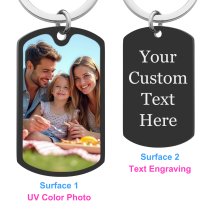 Full Color Photo Printing + Laser Engraved Personalized Message Stainless Steel Custom Dog Tag Key Chain - Handmade- Black