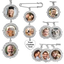 Custom Full Color Photo Printing Personalized Picture Frame Metal Charm Dangle Pendant Bouquet Pin Brooch Wedding Boutonniere