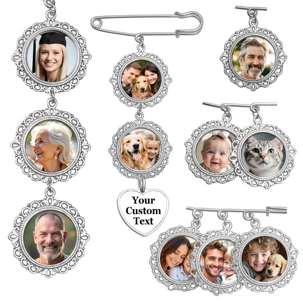 Custom Full Color Photo Printing Personalized Picture Frame Metal Charm Dangle Pendant Bouquet Pin Brooch Wedding Boutonniere