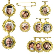 Wedding Bouquet Photo Charms Groom Boutonniere Pins For Bride Custom Pins Memorial Gifts Bridal Shower Graduation Bachelor Party Father Mother Men Women Lover (Round Filigree Gold Tone : UV Photo)