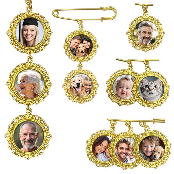 Wedding Bouquet Photo Charms Groom Boutonniere Pins For Bride Custom Pins Memorial Gifts Bridal Shower Graduation Bachelor Party Father Mother Men Women Lover (Round Filigree Gold Tone : UV Photo)
