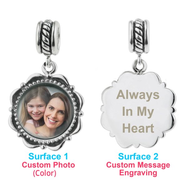 925 Sterling Silver Personalized Photo + Custom Text Dangle Charm Bead