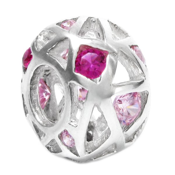 925 Sterling Silver Pink CZ Flower Birthstone October Bead Compatible with Pandora European Story Charm Bracelets Jewelry