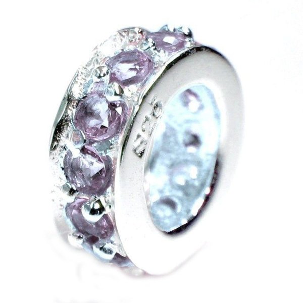 STERLING SILVER Round Rondelle Amethyst February Birthstone CZ Crystal for Pandora Troll European Bead Charm Bracelets