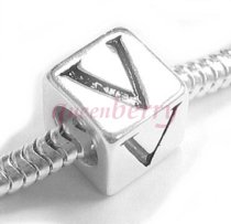 Sterling Silver Dice Cube Letter "V" Bead Charm for Pandora Troll Biagi Chamilia European Jewelry