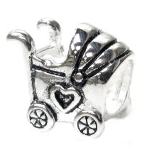 Sterling Silver Lover HEART BABY CARRIAGE CART Bead Charm for Pandora Troll Chamilia Biagi European Jewelry