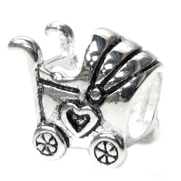 Sterling Silver Lover HEART BABY CARRIAGE CART Bead Charm for Pandora Troll Chamilia Biagi European Jewelry