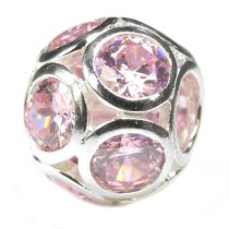 Sterling Silver October Birthstone Flower Ball Pink CZ Crystal Bead Charm for Pandora Troll Chamilia Biagi European Jewelry
