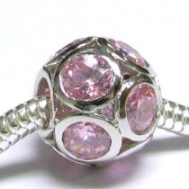 Sterling Silver October Birthstone Flower Ball Pink CZ Crystal Bead Charm for Pandora Troll Chamilia Biagi European Jewelry
