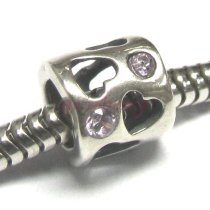 Sterling Silver Heart Bead Tube CZ Pink for Pandora Troll European Charm Bracelets