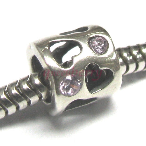 Sterling Silver Heart Bead Tube CZ Pink for Pandora Troll European Charm Bracelets