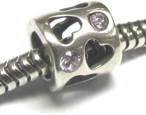 Queenberry .925 Sterling Silver Open Heart Bead CZ Octoberber Birthstone Pink For European Charm Bracelets